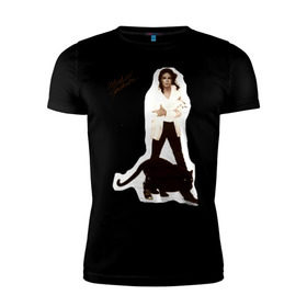 Мужская футболка премиум с принтом Michael Jackson (2) в Тюмени, 92% хлопок, 8% лайкра | приталенный силуэт, круглый вырез ворота, длина до линии бедра, короткий рукав | Тематика изображения на принте: jackson | michael | mj | pop | джексон | майкл | майкл джексон | поп