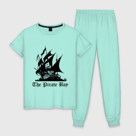 Женская пижама хлопок с принтом The Pirate Bay в Тюмени, 100% хлопок | брюки и футболка прямого кроя, без карманов, на брюках мягкая резинка на поясе и по низу штанин | the pirate bay | torrent | пиратская бухта | торрент