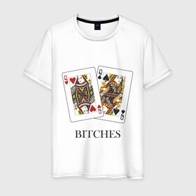 Мужская футболка хлопок с принтом Bitches в Тюмени, 100% хлопок | прямой крой, круглый вырез горловины, длина до линии бедер, слегка спущенное плечо. | poker | азартные | дама | карточные | карты | колода | покер