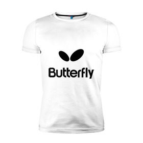 Мужская футболка премиум с принтом Butterfly в Тюмени, 92% хлопок, 8% лайкра | приталенный силуэт, круглый вырез ворота, длина до линии бедра, короткий рукав | Тематика изображения на принте: buterfly | батерфляй | настольный теннис | ракетка | теннис | теннисный корт