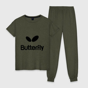 Женская пижама хлопок с принтом Butterfly в Тюмени, 100% хлопок | брюки и футболка прямого кроя, без карманов, на брюках мягкая резинка на поясе и по низу штанин | Тематика изображения на принте: buterfly | батерфляй | настольный теннис | ракетка | теннис | теннисный корт
