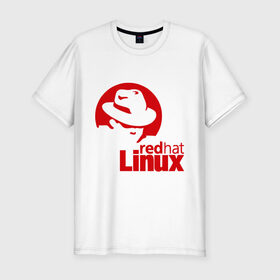 Мужская футболка премиум с принтом Linux - Redhart в Тюмени, 92% хлопок, 8% лайкра | приталенный силуэт, круглый вырез ворота, длина до линии бедра, короткий рукав | Тематика изображения на принте: linux | redhart | админу | дистрибутив | красная шляпа | линукс