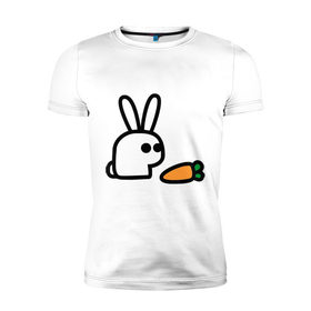 Мужская футболка премиум с принтом Заяц и моркоФка в Тюмени, 92% хлопок, 8% лайкра | приталенный силуэт, круглый вырез ворота, длина до линии бедра, короткий рукав | Тематика изображения на принте: животные | зайка | зайчишка | зайчонок | заяц | кролик | морковка