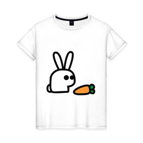 Женская футболка хлопок с принтом Заяц и моркоФка в Тюмени, 100% хлопок | прямой крой, круглый вырез горловины, длина до линии бедер, слегка спущенное плечо | Тематика изображения на принте: животные | зайка | зайчишка | зайчонок | заяц | кролик | морковка