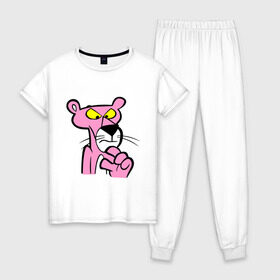 Женская пижама хлопок с принтом Розовая пантера (3) в Тюмени, 100% хлопок | брюки и футболка прямого кроя, без карманов, на брюках мягкая резинка на поясе и по низу штанин | pink panther | розовая пантера