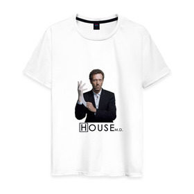 Мужская футболка хлопок с принтом Хаус с перчаткой в Тюмени, 100% хлопок | прямой крой, круглый вырез горловины, длина до линии бедер, слегка спущенное плечо. | everybody lies | haus | house | все лгут | доктор | хауз | хаус | хью лори