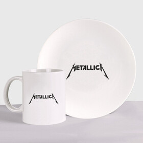 Набор: тарелка + кружка с принтом Metallica в Тюмени, керамика | Кружка: объем — 330 мл, диаметр — 80 мм. Принт наносится на бока кружки, можно сделать два разных изображения. 
Тарелка: диаметр - 210 мм, диаметр для нанесения принта - 120 мм. | металлика