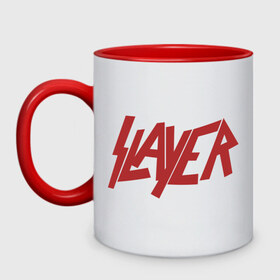 Кружка двухцветная с принтом Slayer в Тюмени, керамика | объем — 330 мл, диаметр — 80 мм. Цветная ручка и кайма сверху, в некоторых цветах — вся внутренняя часть | metal | rock | slayer | метал | металл | рок | рок группа | рок группы