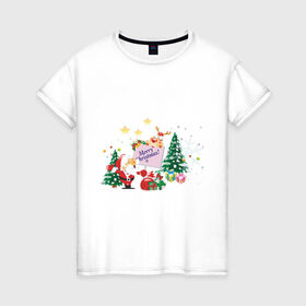 Женская футболка хлопок с принтом Merry Christmas в Тюмени, 100% хлопок | прямой крой, круглый вырез горловины, длина до линии бедер, слегка спущенное плечо | 2012 | new year | дед мороз | елка | елочка | нг | новогодний | новый 2012 | новый год | олень | подарки | санта | санта клаус | снеговик