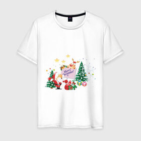 Мужская футболка хлопок с принтом Merry Christmas в Тюмени, 100% хлопок | прямой крой, круглый вырез горловины, длина до линии бедер, слегка спущенное плечо. | 2012 | new year | дед мороз | елка | елочка | нг | новогодний | новый 2012 | новый год | олень | подарки | санта | санта клаус | снеговик
