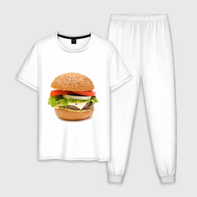 Мужская пижама хлопок с принтом Гамбургер в Тюмени, 100% хлопок | брюки и футболка прямого кроя, без карманов, на брюках мягкая резинка на поясе и по низу штанин
 | Тематика изображения на принте: burger | fastfood | gamburger | бургер | гамбургер | еда | пища | фаст фуд | фастфуд