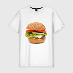 Мужская футболка премиум с принтом Гамбургер в Тюмени, 92% хлопок, 8% лайкра | приталенный силуэт, круглый вырез ворота, длина до линии бедра, короткий рукав | Тематика изображения на принте: burger | fastfood | gamburger | бургер | гамбургер | еда | пища | фаст фуд | фастфуд