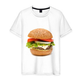 Мужская футболка хлопок с принтом Гамбургер в Тюмени, 100% хлопок | прямой крой, круглый вырез горловины, длина до линии бедер, слегка спущенное плечо. | burger | fastfood | gamburger | бургер | гамбургер | еда | пища | фаст фуд | фастфуд