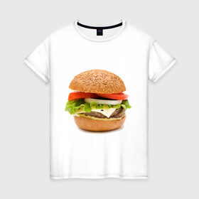 Женская футболка хлопок с принтом Гамбургер в Тюмени, 100% хлопок | прямой крой, круглый вырез горловины, длина до линии бедер, слегка спущенное плечо | burger | fastfood | gamburger | бургер | гамбургер | еда | пища | фаст фуд | фастфуд