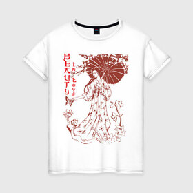 Женская футболка хлопок с принтом Beauty In Love в Тюмени, 100% хлопок | прямой крой, круглый вырез горловины, длина до линии бедер, слегка спущенное плечо | девушка | зонтик | красивая | красота | любовь | сакура | японка | японская