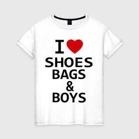 Женская футболка хлопок с принтом Я люблю мальчиков в Тюмени, 100% хлопок | прямой крой, круглый вырез горловины, длина до линии бедер, слегка спущенное плечо | i love | любовь | мальчики | обувь | отношения | парни | покупки | сумки | туфли | шмотки | шоппинг