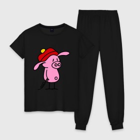 Женская пижама хлопок с принтом Свин в Тюмени, 100% хлопок | брюки и футболка прямого кроя, без карманов, на брюках мягкая резинка на поясе и по низу штанин | поросенок | свин | свинка | свинья