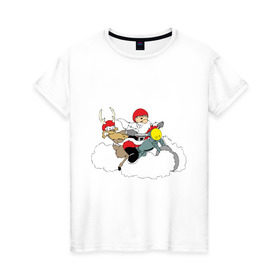 Женская футболка хлопок с принтом Санта-байкер в Тюмени, 100% хлопок | прямой крой, круглый вырез горловины, длина до линии бедер, слегка спущенное плечо | 2012 | new year | дед | дед мороз | нг | новый 2012 | новый год | олень | санта | санта клаус