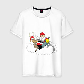 Мужская футболка хлопок с принтом Санта-байкер в Тюмени, 100% хлопок | прямой крой, круглый вырез горловины, длина до линии бедер, слегка спущенное плечо. | 2012 | new year | дед | дед мороз | нг | новый 2012 | новый год | олень | санта | санта клаус