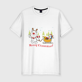 Мужская футболка премиум с принтом Boowoo (2) в Тюмени, 92% хлопок, 8% лайкра | приталенный силуэт, круглый вырез ворота, длина до линии бедра, короткий рукав | christmas | елка | нг | новогодний | новый год | олененок | олень | подарки | рождество | рожднственский