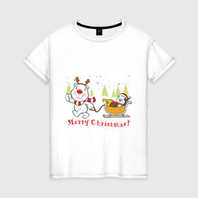 Женская футболка хлопок с принтом Boowoo (2) в Тюмени, 100% хлопок | прямой крой, круглый вырез горловины, длина до линии бедер, слегка спущенное плечо | christmas | елка | нг | новогодний | новый год | олененок | олень | подарки | рождество | рожднственский