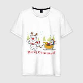 Мужская футболка хлопок с принтом Boowoo (2) в Тюмени, 100% хлопок | прямой крой, круглый вырез горловины, длина до линии бедер, слегка спущенное плечо. | christmas | елка | нг | новогодний | новый год | олененок | олень | подарки | рождество | рожднственский