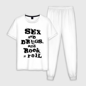 Мужская пижама хлопок с принтом Sex and drugs and rock n roll (2) в Тюмени, 100% хлопок | брюки и футболка прямого кроя, без карманов, на брюках мягкая резинка на поясе и по низу штанин
 | Тематика изображения на принте: drugs | rock | rocknroll | рок | рок н ролл | рокролл