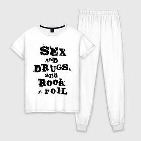 Женская пижама хлопок с принтом Sex and drugs and rock n roll (2) в Тюмени, 100% хлопок | брюки и футболка прямого кроя, без карманов, на брюках мягкая резинка на поясе и по низу штанин | Тематика изображения на принте: drugs | rock | rocknroll | рок | рок н ролл | рокролл