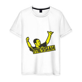 Мужская футболка хлопок с принтом Лионель Месси в Тюмени, 100% хлопок | прямой крой, круглый вырез горловины, длина до линии бедер, слегка спущенное плечо. | месси