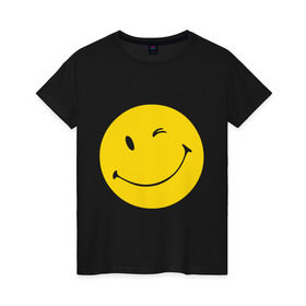 Женская футболка хлопок с принтом Smiles в Тюмени, 100% хлопок | прямой крой, круглый вырез горловины, длина до линии бедер, слегка спущенное плечо | smiles | подмигивающий смайлик | смайл | смайлик | улыбающейся смайлик | улыбка