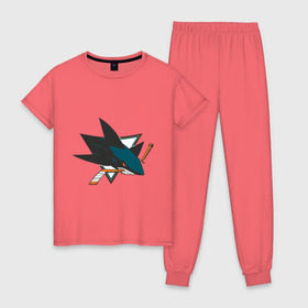 Женская пижама хлопок с принтом San Jose Sharks в Тюмени, 100% хлопок | брюки и футболка прямого кроя, без карманов, на брюках мягкая резинка на поясе и по низу штанин | национальная хоккейная лига | нхл | сан хосе шаркс