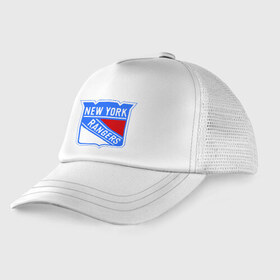 Детская кепка тракер с принтом New York Rangers в Тюмени, Козырек - 100% хлопок. Кепка - 100% полиэстер, Задняя часть - сетка | универсальный размер, пластиковая застёжка | new york rangers | nhl | национальная хоккейная лига | нью йорк рейнджерс | хоккей | хоккейная лига
