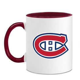 Кружка двухцветная с принтом Montreal Canadiens в Тюмени, керамика | объем — 330 мл, диаметр — 80 мм. Цветная ручка и кайма сверху, в некоторых цветах — вся внутренняя часть | Тематика изображения на принте: montreal canadiens | канадская хоккейная лига | монтреал | нхл | хокей | хоккей