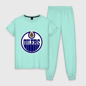 Женская пижама хлопок с принтом Edmonton Oilers в Тюмени, 100% хлопок | брюки и футболка прямого кроя, без карманов, на брюках мягкая резинка на поясе и по низу штанин | edmonton oilers | nhl | нхл | хокей | хоккей | эдмонтон ойлерс