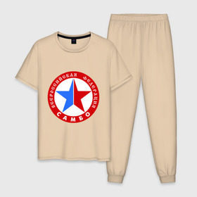 Мужская пижама хлопок с принтом Федерация САМБО в Тюмени, 100% хлопок | брюки и футболка прямого кроя, без карманов, на брюках мягкая резинка на поясе и по низу штанин
 | борьба