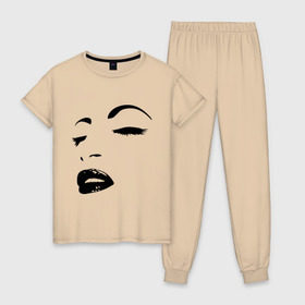 Женская пижама хлопок с принтом Лицо в Тюмени, 100% хлопок | брюки и футболка прямого кроя, без карманов, на брюках мягкая резинка на поясе и по низу штанин | глаза | губы | девушка | лицо