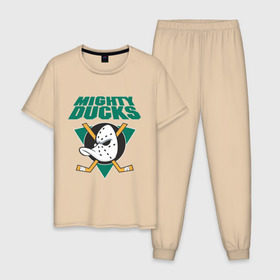 Мужская пижама хлопок с принтом Anaheim Mighty Ducks в Тюмени, 100% хлопок | брюки и футболка прямого кроя, без карманов, на брюках мягкая резинка на поясе и по низу штанин
 | anaheim mighty ducks | майти дакс | национальная лига калифорнии | хокей | хоккей