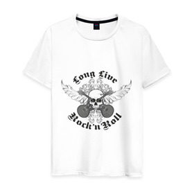 Мужская футболка хлопок с принтом Long Live Rock`n`Roll в Тюмени, 100% хлопок | прямой крой, круглый вырез горловины, длина до линии бедер, слегка спущенное плечо. | rock | rocknroll | гитары | рок | рок н ролл | череп | черепок | черепушка