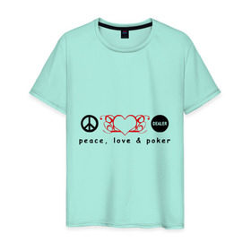 Мужская футболка хлопок с принтом Мир, Любовь и Покер в Тюмени, 100% хлопок | прямой крой, круглый вырез горловины, длина до линии бедер, слегка спущенное плечо. | love | peace | poker | любовь | мир | покер