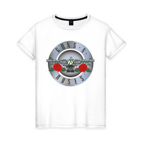 Женская футболка хлопок с принтом Guns`n`Roses в Тюмени, 100% хлопок | прямой крой, круглый вырез горловины, длина до линии бедер, слегка спущенное плечо | guns | gunsnroses | metall | rock | roses | метал | металл | рок