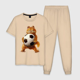 Мужская пижама хлопок с принтом Гарфилд (3) в Тюмени, 100% хлопок | брюки и футболка прямого кроя, без карманов, на брюках мягкая резинка на поясе и по низу штанин
 | garfield | гарфилд | кот | коты | кошки | мульт | мультик | мульфильм | мяч | футбольный мяч