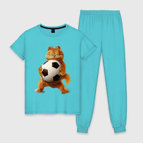 Женская пижама хлопок с принтом Гарфилд (3) в Тюмени, 100% хлопок | брюки и футболка прямого кроя, без карманов, на брюках мягкая резинка на поясе и по низу штанин | garfield | гарфилд | кот | коты | кошки | мульт | мультик | мульфильм | мяч | футбольный мяч