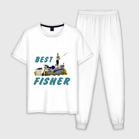 Мужская пижама хлопок с принтом Best fisher в Тюмени, 100% хлопок | брюки и футболка прямого кроя, без карманов, на брюках мягкая резинка на поясе и по низу штанин
 | клев | лодка | лучший рыбак | на рыбалке | ноживка | рыбак в лодке | рыбалка | удочка | улов