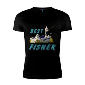 Мужская футболка премиум с принтом Best fisher в Тюмени, 92% хлопок, 8% лайкра | приталенный силуэт, круглый вырез ворота, длина до линии бедра, короткий рукав | клев | лодка | лучший рыбак | на рыбалке | ноживка | рыбак в лодке | рыбалка | удочка | улов