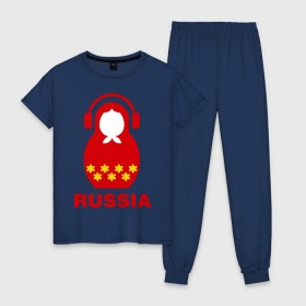 Женская пижама хлопок с принтом Russia dj в Тюмени, 100% хлопок | брюки и футболка прямого кроя, без карманов, на брюках мягкая резинка на поясе и по низу штанин | диджей | матрешка | наушники | россия