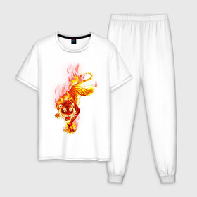 Мужская пижама хлопок с принтом Тигр в огне в Тюмени, 100% хлопок | брюки и футболка прямого кроя, без карманов, на брюках мягкая резинка на поясе и по низу штанин
 | животные | огонь | пламя | тигр в огне | тирг | хищники
