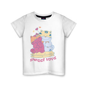 Детская футболка хлопок с принтом Sweer Love в Тюмени, 100% хлопок | круглый вырез горловины, полуприлегающий силуэт, длина до линии бедер | Тематика изображения на принте: sweer love | кошки | любовь | сердечки | сладкая любовь