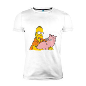 Мужская футболка премиум с принтом Гомер и свинья в Тюмени, 92% хлопок, 8% лайкра | приталенный силуэт, круглый вырез ворота, длина до линии бедра, короткий рукав | Тематика изображения на принте: гомер