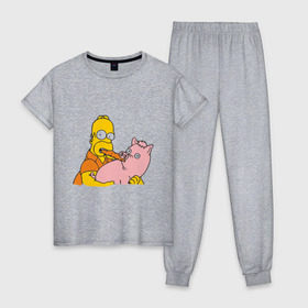 Женская пижама хлопок с принтом Гомер и свинья в Тюмени, 100% хлопок | брюки и футболка прямого кроя, без карманов, на брюках мягкая резинка на поясе и по низу штанин | Тематика изображения на принте: гомер