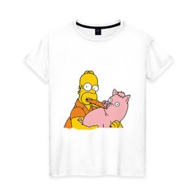 Женская футболка хлопок с принтом Гомер и свинья в Тюмени, 100% хлопок | прямой крой, круглый вырез горловины, длина до линии бедер, слегка спущенное плечо | гомер